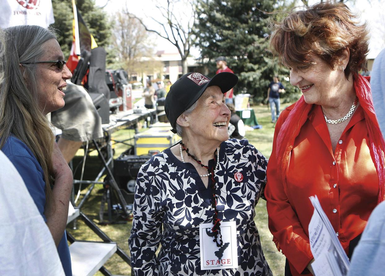 Dr. Helen Caldicott, right, a physician and anti-nuclear activist, shares a laugh with with activist Dorli Rainey on April 15, 2012, in Richland, Wash.