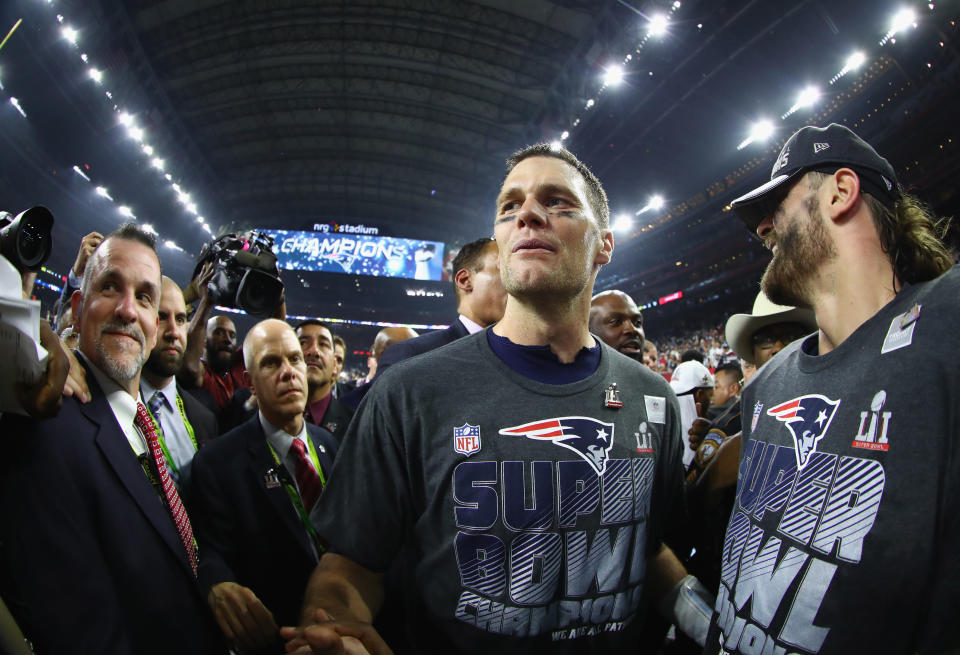 Tom Brady and Chris Long after Super Bowl LI at NRG Stadium in Houston on Feb. 5, 2017. (Photo: Getty Images)