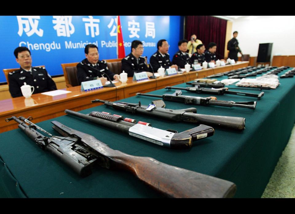 Chinese citizens are <a href="http://www.chinadaily.com.cn/china/2007-04/21/content_856308.htm" target="_hplink">not allowed to posses firearms</a>. Exceptionally, the government issues permission to own a firearm for hunting, sports shooting and animal control. <a href="http://www.chinadaily.com.cn/china/2007-04/21/content_856308.htm" target="_hplink">Penalties for illegal selling of weapons</a> ranges from three years in jail to the death penalty.     <em>Caption: Police display guns they seized from illegal traders at Chengdu Municipal Public Security Bureau on January 26, 2005 in Chengdu of Sichuan Province, China. (China Photos/Getty Images)</em>