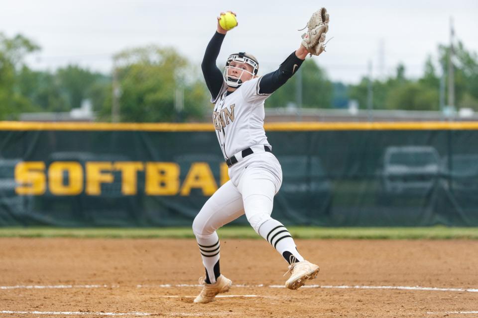 Penn's Aubrey Zachary delivers pitch during the Riley-Penn high school 4A sectional championship softball game on Friday, May 27, 2022, at Ward Baker Park in South Bend, Indiana.