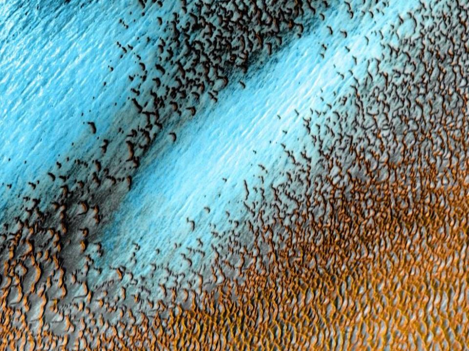 <p>Nasa captures images of sand dunes on Mars using ‘infrared reflections’</p> (NASA/JPL-Caltech/ASU)