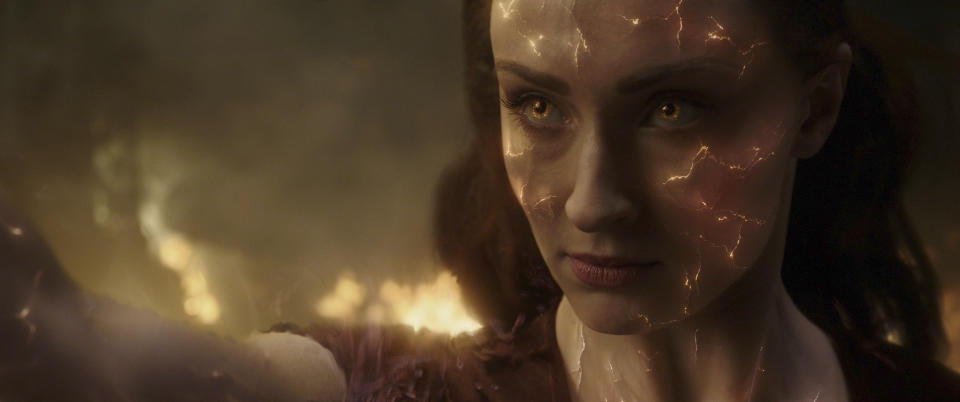 This image released by Twentieth Century Fox shows Sophie Turner in a scene from "Dark Phoenix." (Twentieth Century Fox via AP)