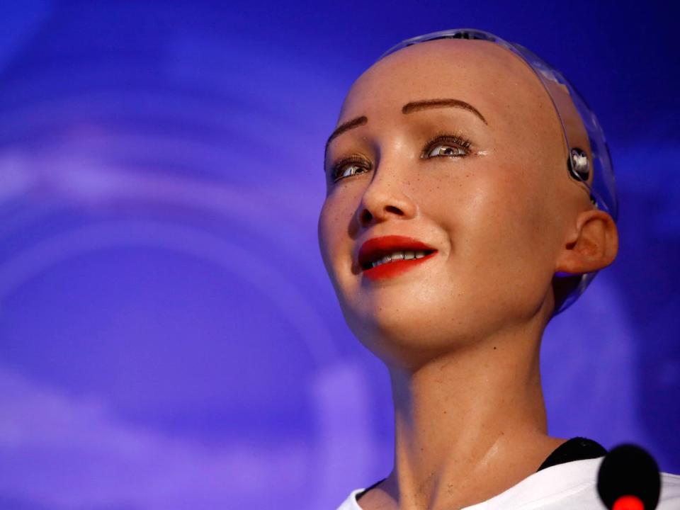 Sophia, a robot with Saudi Arabian citizenship, interacts during the innovation fair in Kathmandu, Nepal March 21, 2018.