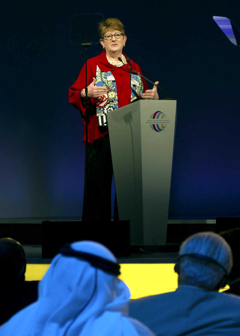 The Associated Press executive editor Kathleen Carroll speaks at the International Government Communication Forum, in Sharjah, United Arab Emirates, Monday, Feb. 24, 2014. Carroll called on governments around the world to support an independent press, warning Monday that efforts to silence the media through intimidation and violence are “in effect an attack on a nation’s people.” (AP Photo/Al Moutasim Al Maskery)