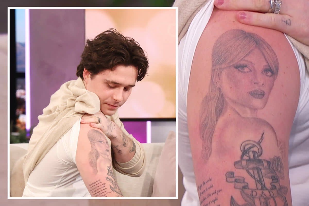 Brooklyn Beckham has unveiled a new tattoo of his wife Nicola Peltz’s face on his shoulder  (ES Composite)