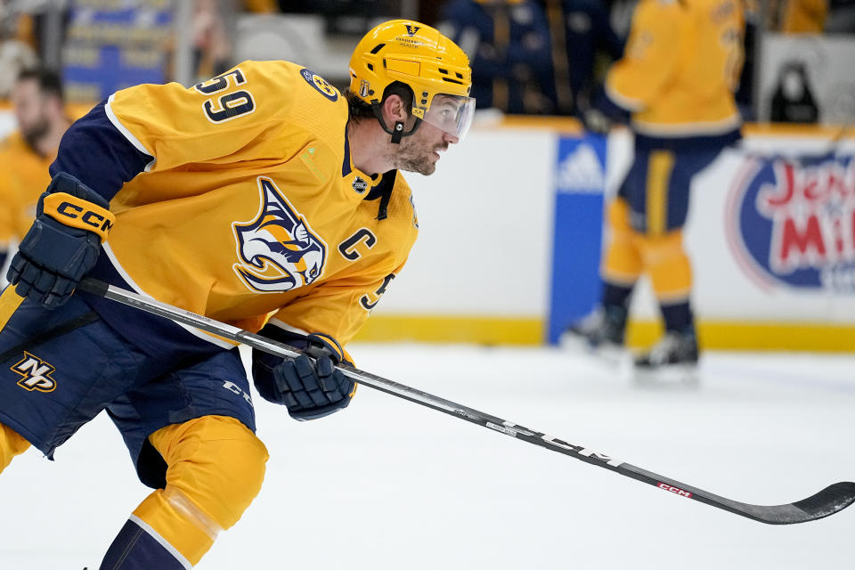 Nashville Predators defenseman Roman Josi (59) warms up before the start of Game 4 against the Vancouver Canucks in an NHL hockey Stanley Cup first-round playoff series Sunday, April 28, 2024, in Nashville, Tenn. (AP Photo/George Walker IV)