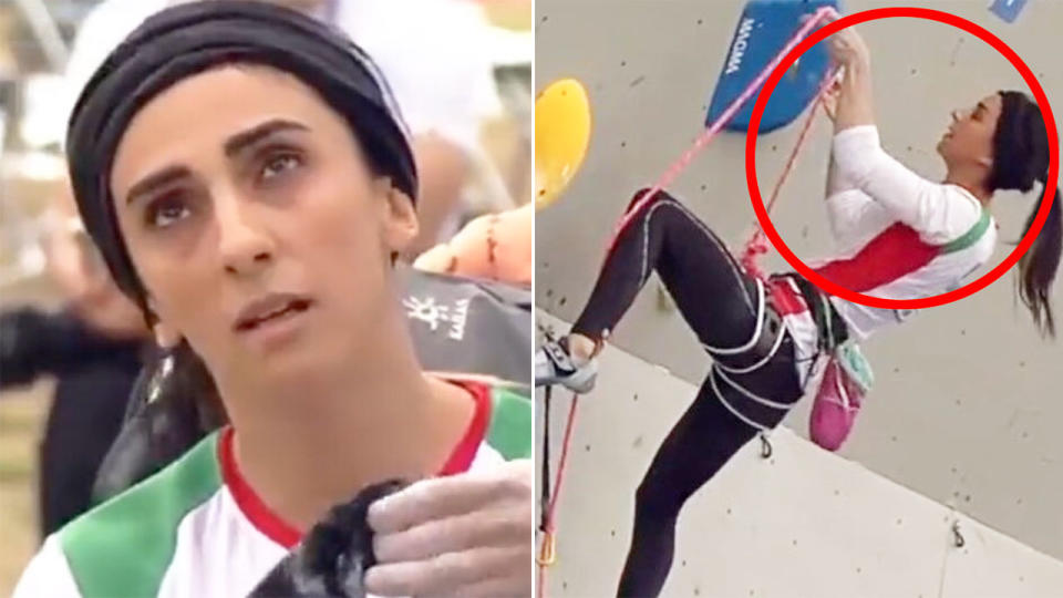 Iranian climber Elnaz Rekabi was feared missing after not wearing a hijab during a recent climbing competition in Seoul. Pic: Twitter