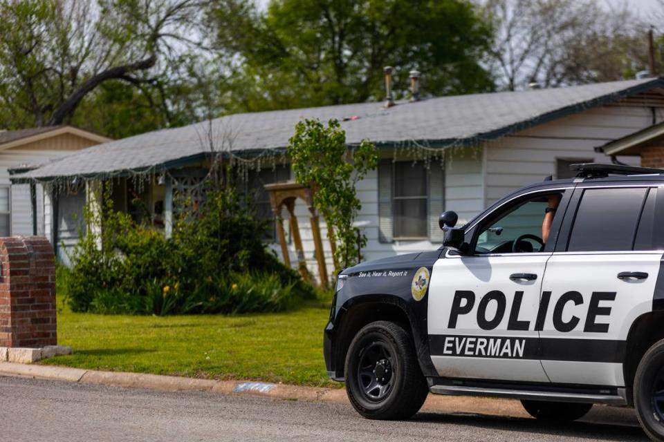 A police vehicle is stationed outside of the last known residence of Noel Rodriguez-Alvarez in Everman, Texas, on Tuesday, March 26, 2023. Noel has not been seen since November 2022.