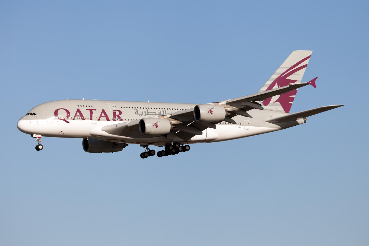 LONDON, UNITED KINGDOM - 2020/01/19: A Qatar Airways Airbus 380 lands at London Heathrow airport. (Photo by Fabrizio Gandolfo/SOPA Images/LightRocket via Getty Images)