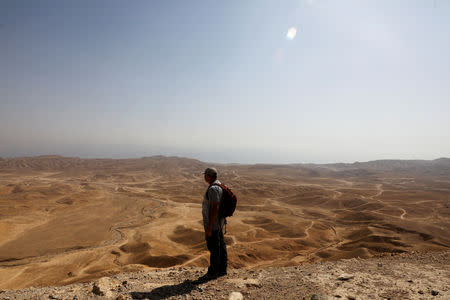 Oren Gutfeld, an Israeli archaeologist at Hebrew University in Jerusalem, looks on towards the desert area above tunnels, he believes are related to the Copper Scroll, near the Qumran area, in the Israeli-occupied West Bank October 14, 2018. REUTERS/Ronen Zvulun