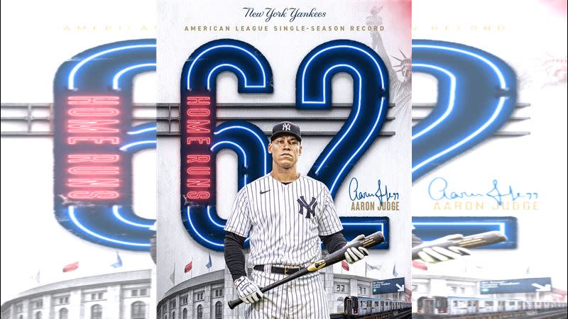 賈吉（Aaron Judge）敲出破美聯紀錄的62轟。（圖／翻攝自洋基推特）