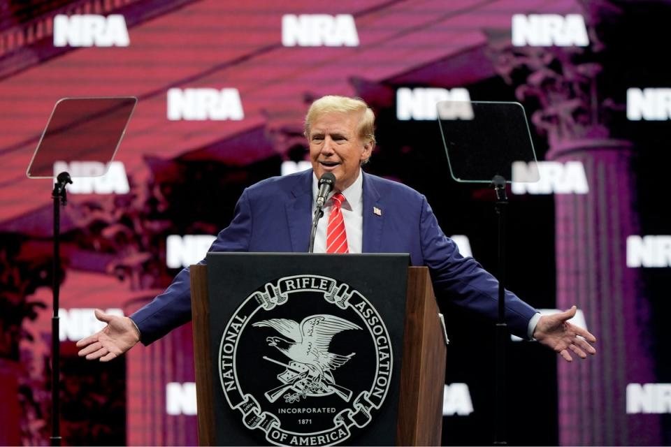 Former President Donald Trump speaks during the National Rifle Association Convention in Dallas on 18 May 2024 (AP)