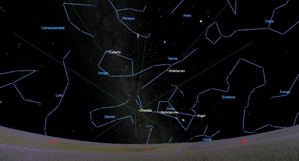 An illustration of the night sky on the evening of Saturday, Oct. 21, showing the point in the sky from which the Orionid meteor shower will originate.