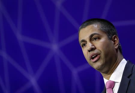 Ajit Pai, Chairman of U.S Federal Communications Commission, delivers his keynote speech at Mobile World Congress in Barcelona, Spain, February 28, 2017. REUTERS/Eric Gaillard