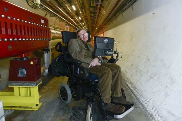 Physicist Stephen Hawking visited the Large Hadron Collider’s underground tunnel in 2013. (CERN Photo / Laurent Egli)
