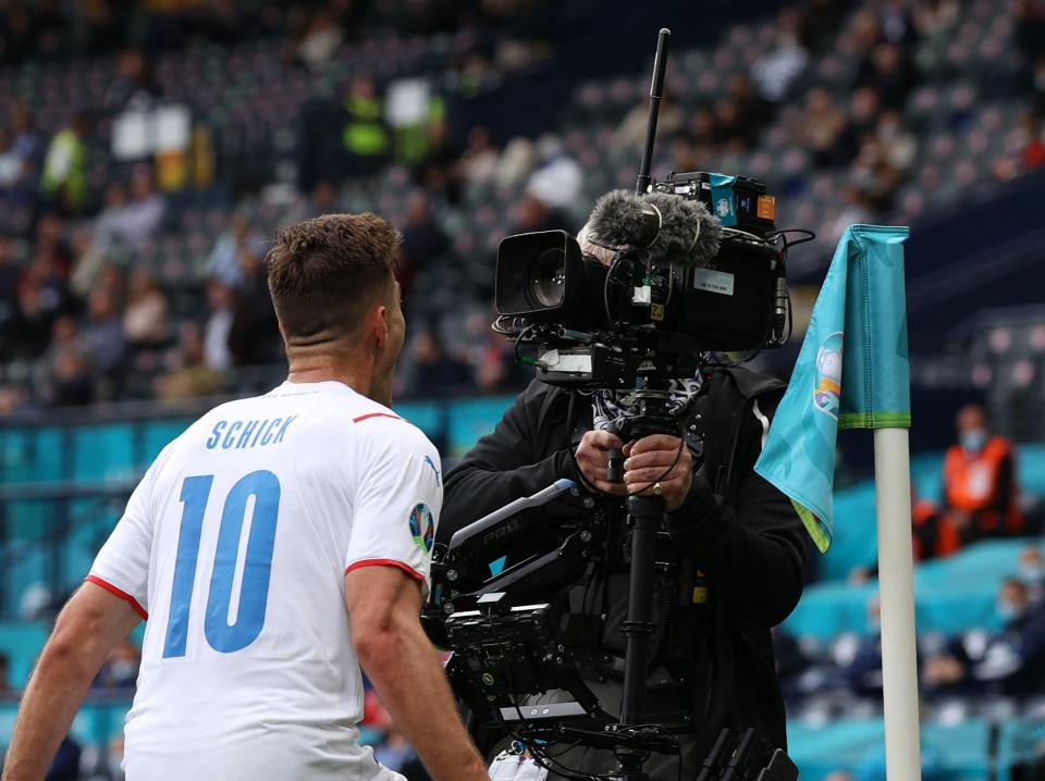 Patrik Schick celebrates scoring against Scotland (POOL/AFP via Getty Images)