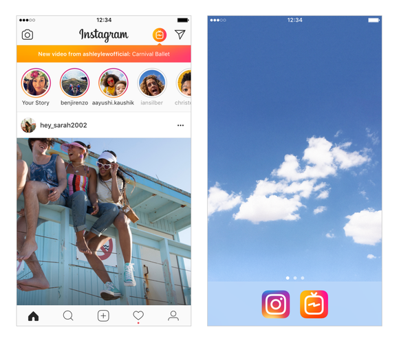 Two screenshots from the Instagram video app: one capturing three friends sitting on a rail, the other of white, fluffy clouds.