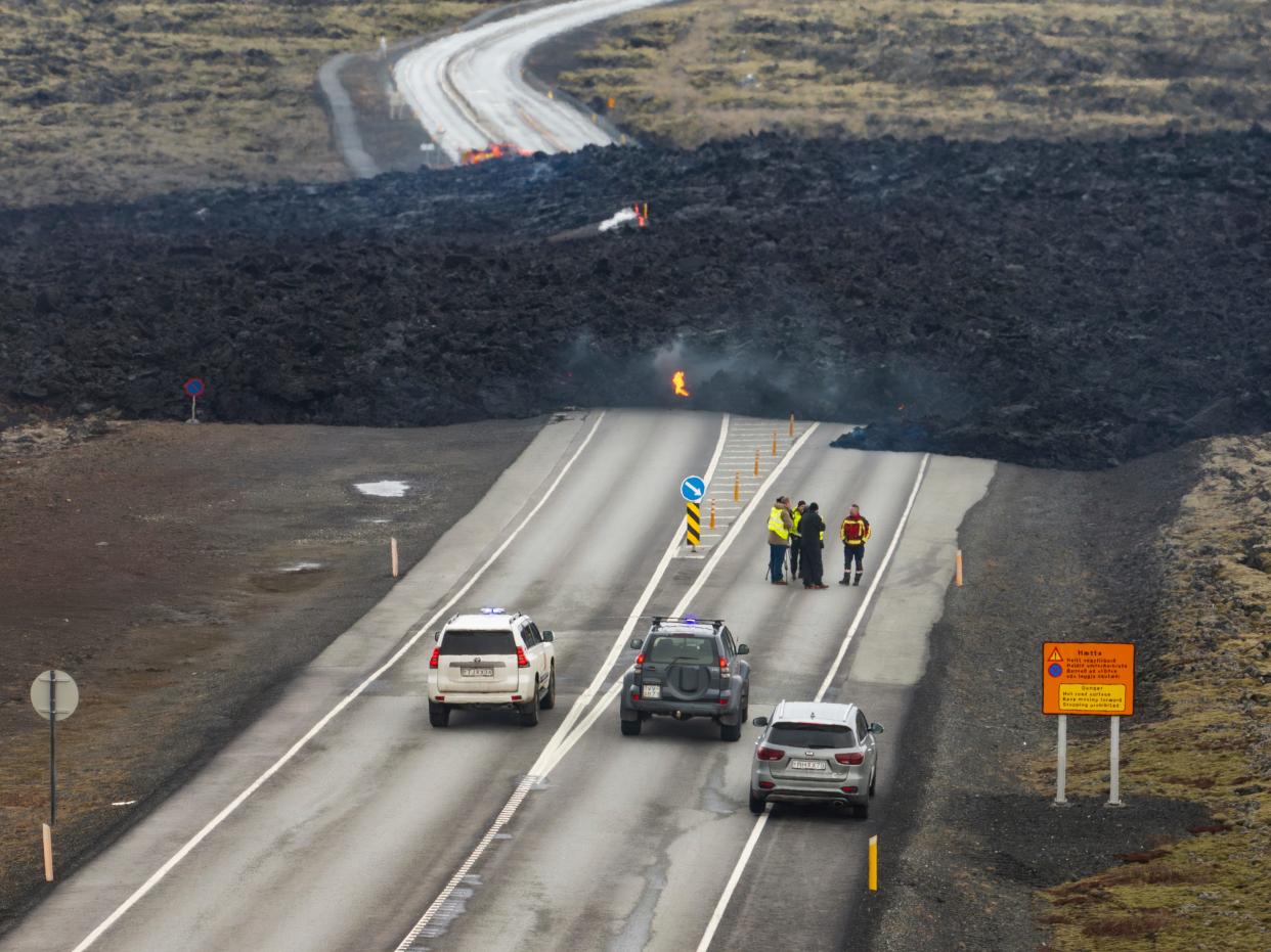 The lava flow that crossed Grindavikurvegur, the road to Grindavik in Iceland, Sunday March 17, 2024, a day after the volcanic eruption. A volcanic system on the Reykjanes Peninsula in the country’s southwest erupted late Saturday for the fourth time in three months.