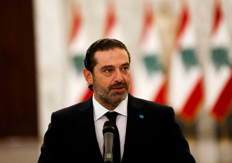 FILE PHOTO: Former Lebanese Prime Minister Saad Hariri, talks at the presidential palace in Baabda