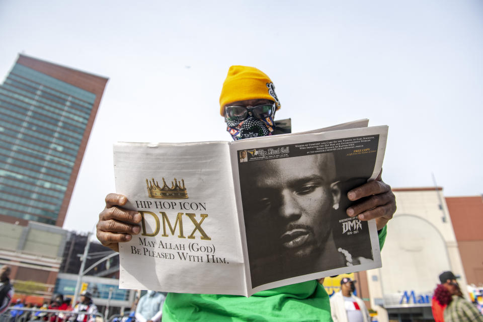 People gather for a "Celebration of Life Memorial" for rapper DMX at Barclays Center, Saturday, April. 24, 2021, in the Brooklyn borough of New York. DMX, whose birth name is Earl Simmons, died April 9 after suffering a "catastrophic cardiac arrest." (AP Photo/Brittainy Newman)