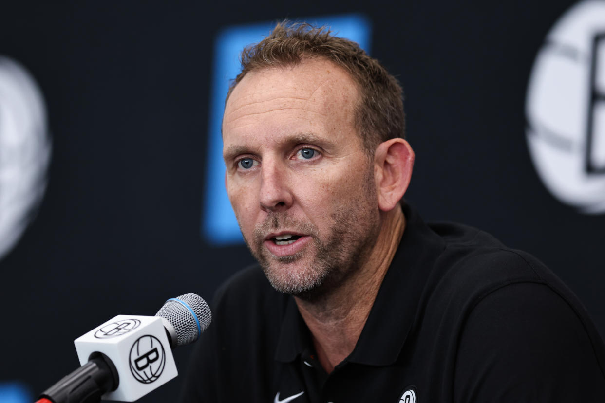 NEW YORK, NEW YORK - SEPTEMBER 26: General Manager Sean Marks of the Brooklyn Nets speaks at the podium during a press conference at Brooklyn Nets Media Day at HSS Training Center on September 26, 2022 in the Brooklyn borough of New York City. NOTE TO USER: User expressly acknowledges and agrees that, by downloading and/or using this photograph, User is consenting to the terms and conditions of the Getty Images License Agreement. (Photo by Dustin Satloff/Getty Images)