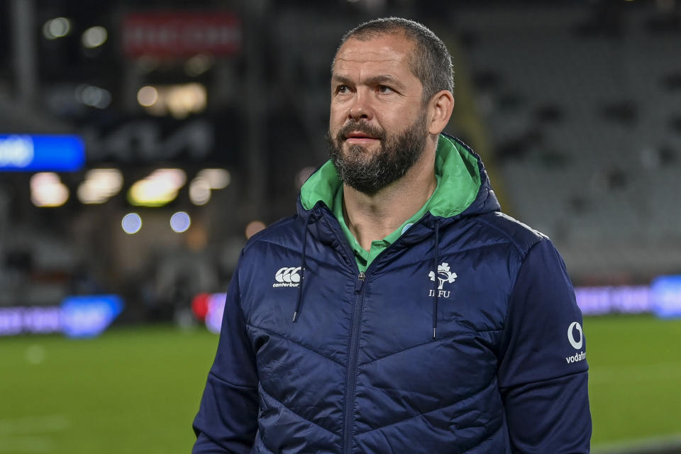 FILE - Ireland head coach Andy Farrell watches his players warm-up ahead of the rugby international between the All Blacks and Ireland at Eden Park in Auckland, New Zealand, Saturday, July 2, 2022. The 2023 Six Nations will start on Feb. 4. (Andrew Cornaga/Photosport via AP, File)