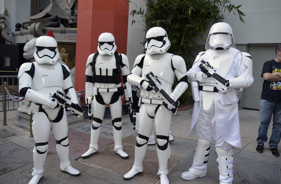 HOLLYWOOD, CALIFORNIA - DECEMBER 19: Imperial stormtroopers pose at the IMAX opening of "Star Wars: The Rise Of Skywalker" at TCL Chinese Theatre on December 19, 2019 in Hollywood, California. (Photo by Michael Tullberg/Getty Images)