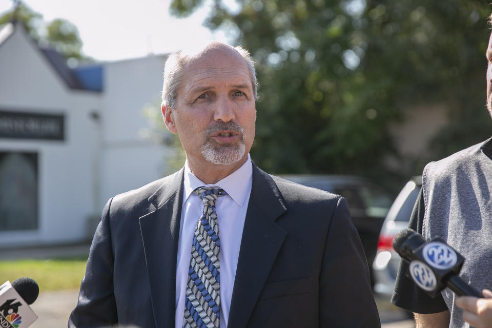 St. Joseph County prosecutor Ken Cotter holds a press conference at the Women's Pavilion on Thursday, Sept. 19, 2019, in South Bend, Ind. Cotter said Thursday that authorities have found no fetal remains at a shuttered abortion clinic once operated by the late abortion Dr. Ulrich Klopfer whose Illinois property was found to contain more than 2,200 medically preserved fetal remains. (Santiago Flores/South Bend Tribune via AP)