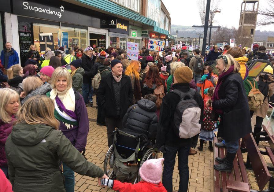 Women gathered in the small town centre to march on the route that went past Tory MP Philip Davies' office (Hawarun Hussain)