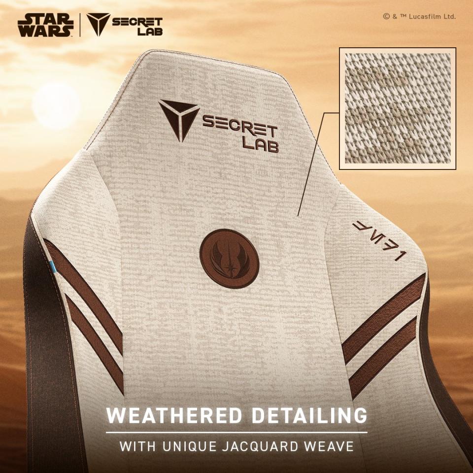 The Secretlab TITAN Evo chair with the Jedi SKIN showing the weathered fabric and Jedi emblem