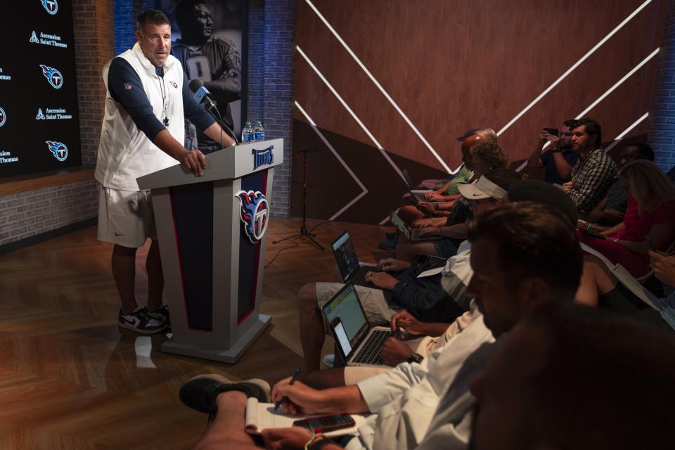 Tennessee Titans head coach Mike Vrabel responds to questions from reporters at the NFL football team's training facility Tuesday, July 25, 2023, in Nashville, Tenn. (AP Photo/George Walker IV)