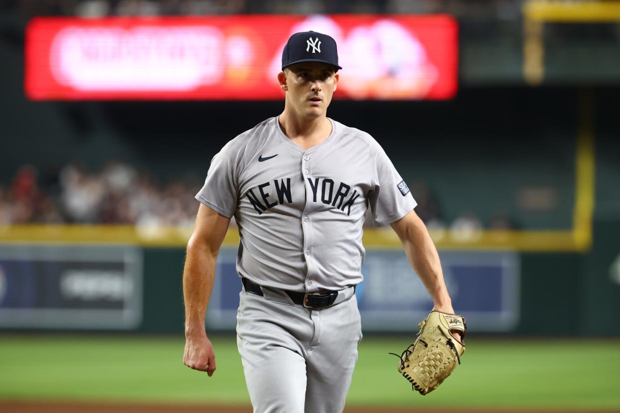 Apr 1, 2024; Phoenix, Arizona, USA; New York Yankees pitcher Nick Burdi against the Arizona Diamondbacks at Chase Field. Mandatory Credit: Mark J. Rebilas-USA TODAY Sports