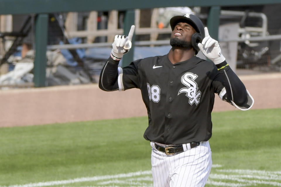 Chicago White Sox Luis Robert (88) celebrates his home run against the St. Louis Cardinals during the third inning in game two of a double-header baseball game Saturday, Aug. 15, 2020, in Chicago. (AP Photo/Mark Black)