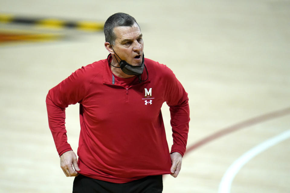 Maryland head coach Mark Turgeon reacts during the second half of an NCAA college basketball game against Nebraska, Wednesday, Feb. 17, 2021, in College Park, Md. (AP Photo/Julio Cortez)