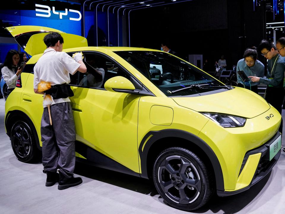 The yellow BYD Seagull electric hatchback.