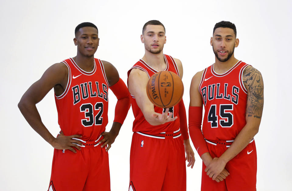 Kris Dunn, Zach LaVine and Denzel Valentine are the Bulls’ new three alphas. (AP)