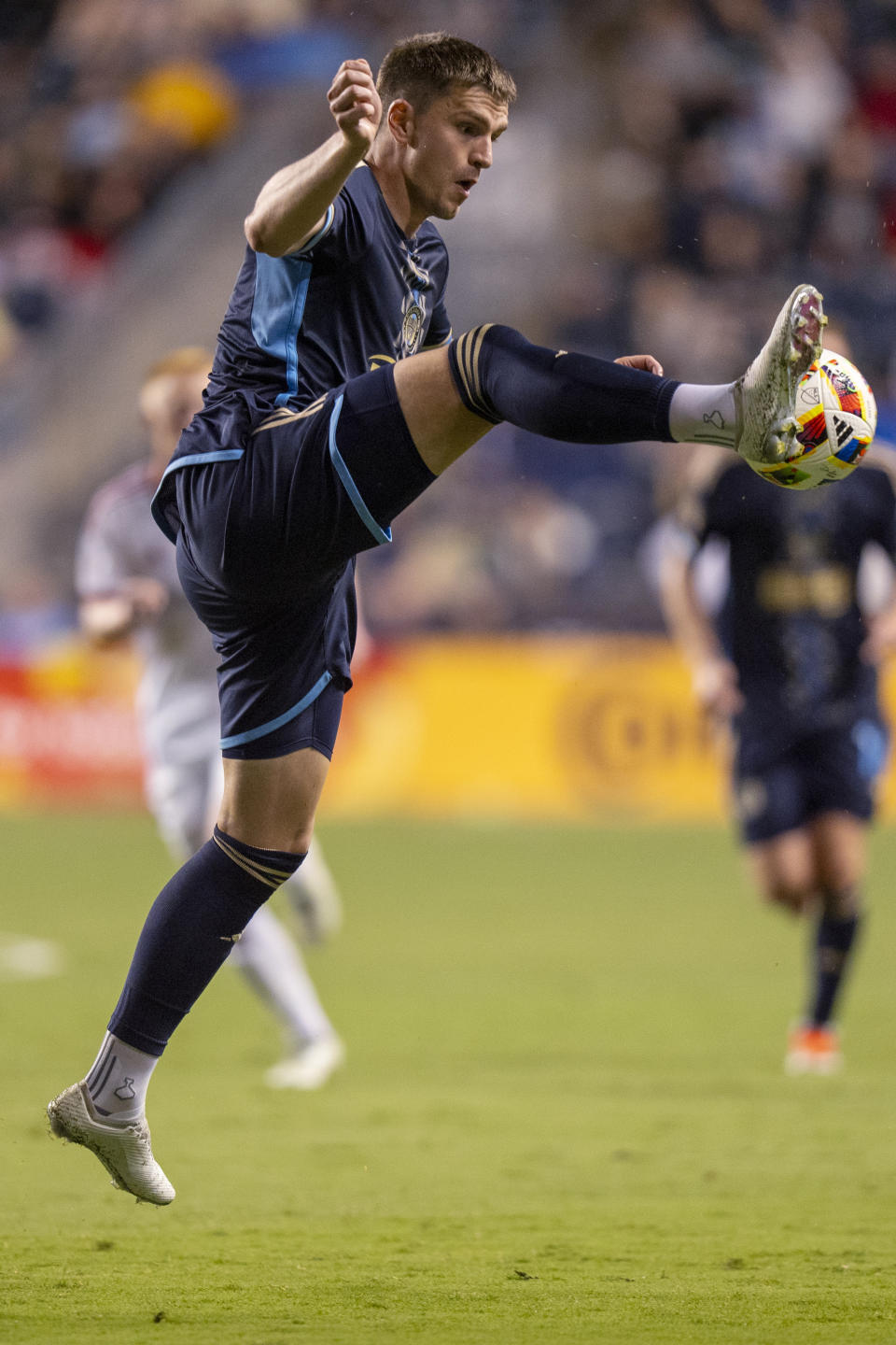Philadelphia Union's Mikkel Uhre leaps for the ball during the second half of the team's MLS soccer match against Toronto FC, Wednesday, May 29, 2024, in Chester, Pa. (AP Photo/Chris Szagola)