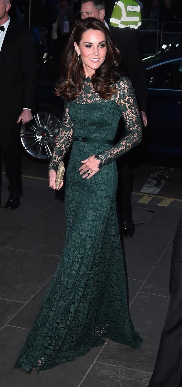 Kate Middleton dazzled in this green lace gown by Temperley London last night. Photo: Getty