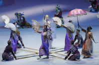 Dancers in traditional dress perform during the opening ceremony of the 30th South East Asian Games at the Philippine Arena, Bulacan province, northern Philippines on Saturday, Nov. 30, 2019. (AP Photo/Aaron Favila)