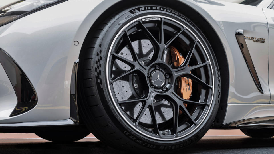 One of the 20-inch alloy wheels on a 2024 Mercedes-AMG GT 63.