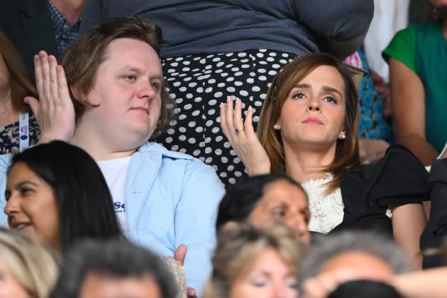 Lewis Capaldi and Emma Watson mirroring one another in the Wimbledon crowd