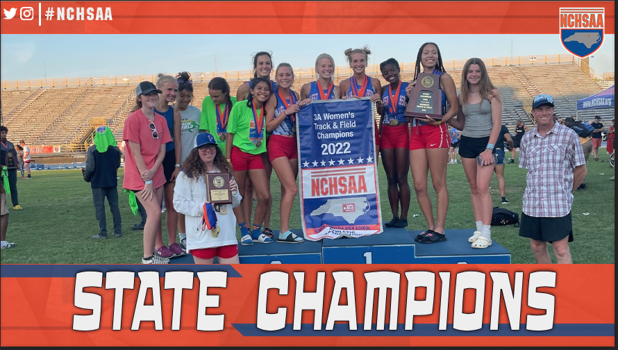 The West Henderson girls track team celebrates its state title on Friday, May 20, at North Carolina A&T in Greensboro.