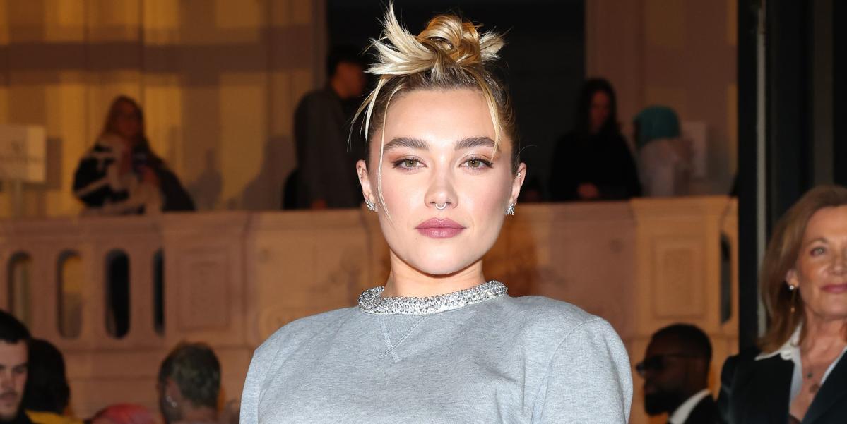 Florence Pugh Forgoes Bra in Sheer Nude Valentino Crop Top and Skirt