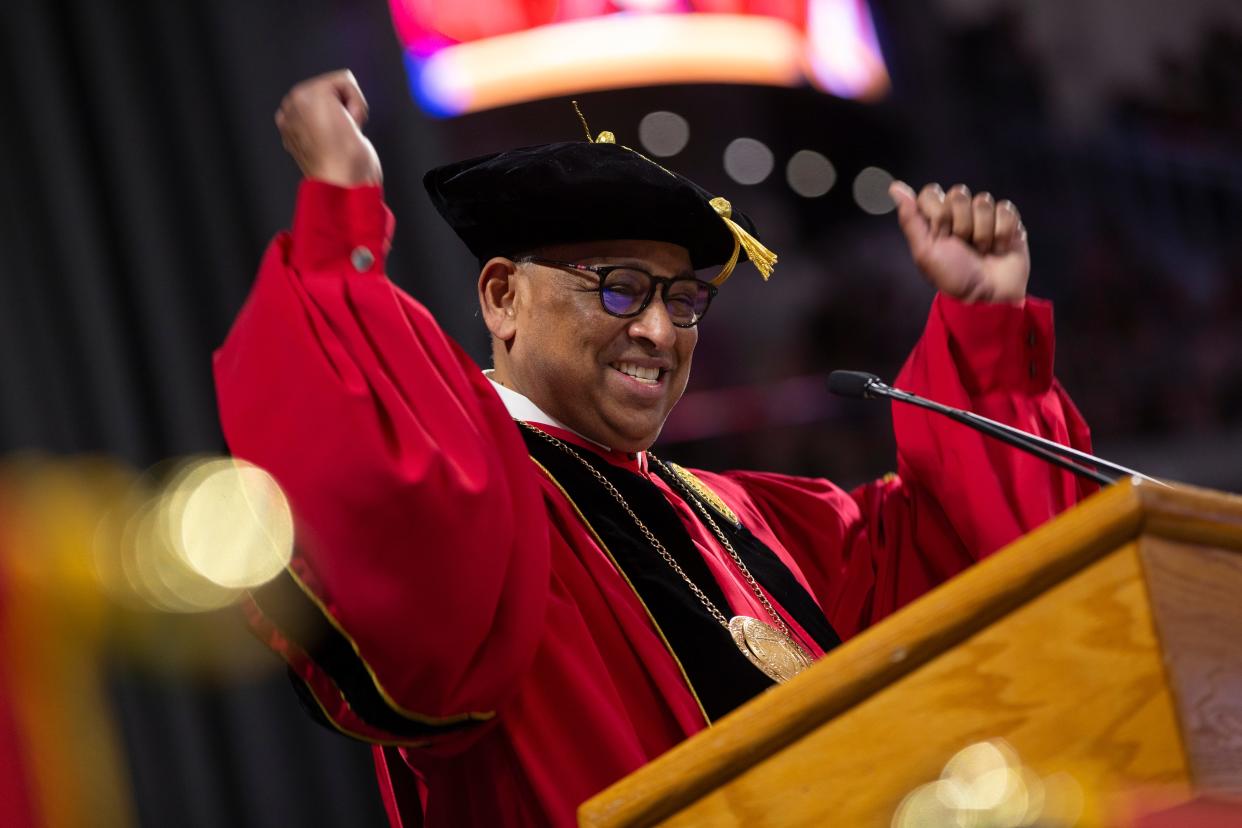 University of Cincinnati President Neville Pinto celebrates with the Class of 2024 at UC's Spring Commencement on April 27, 2024.