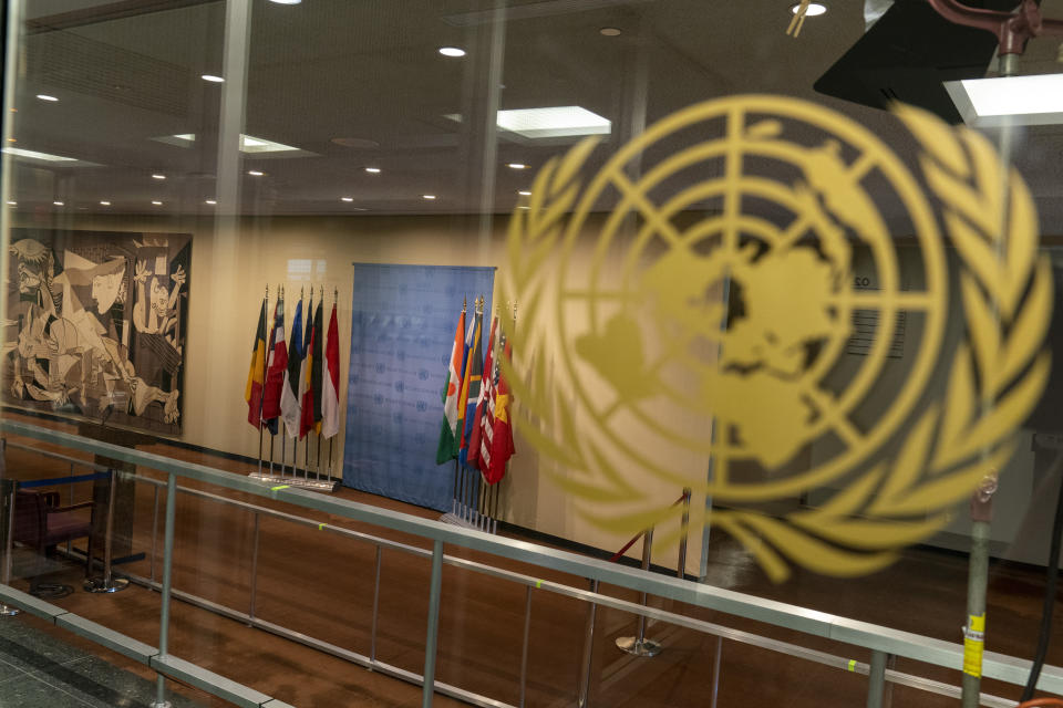 The Security Council steak out area is closed off to members of the media during the 75th session of the United Nations General Assembly, Wednesday, Sept. 23, 2020, at U.N. headquarters. This year's annual gathering of world leaders at U.N. headquarters will be almost entirely "virtual." Leaders have been asked to pre-record their speeches, which will be shown in the General Assembly chamber, where each of the 193 U.N. member nations are allowed to have one diplomat present. (AP Photo/Mary Altaffer)