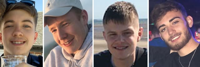 (left to right) Ryan Nelson, Jordan Rawlings, Matthew Parke and Corey Owen were all killed in the tragedy (Wiltshire Police/PA).