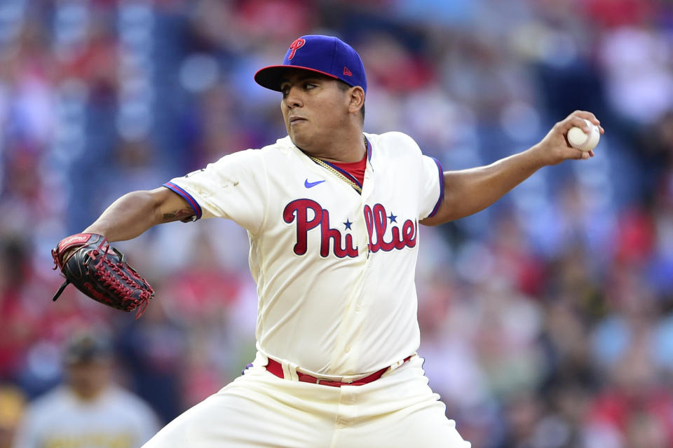 Philadelphia Phillies starting pitcher Ranger Suarez throws the ball during the sixth inning of a baseball game against the Pittsburgh Pirates, Saturday, Sept. 25, 2021, in Philadelphia. (AP Photo/Derik Hamilton)