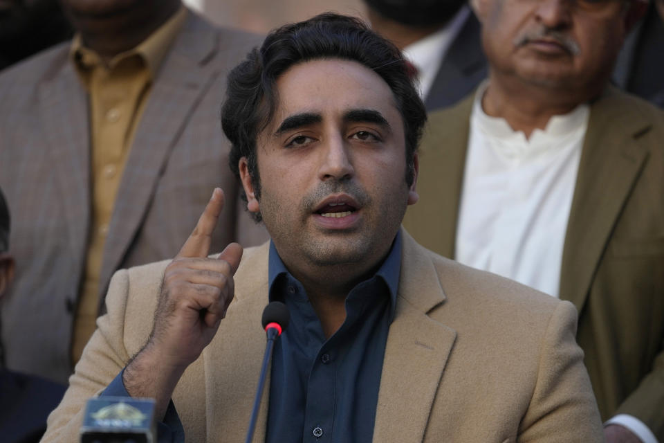 Bilawal-Bhutto Zardari, Chairman of Pakistan People's Party speaks during a press conference regarding parliamentary elections, in Islamabad, Pakistan, Tuesday, Feb. 13, 2024. The main political rival of ex-Pakistani premier Imran Khan challenged him Tuesday to form a government if he had the support of the majority of newly elected lawmakers. The challenge by Shehbaz Sharif, who heads the Pakistan Muslim League party, follows national elections that showed candidates backed by Khan's Pakistan Tehreek-e-Insaf party won the most parliamentary seats but not enough to form a government alone. (AP Photo/Anjum Naveed)