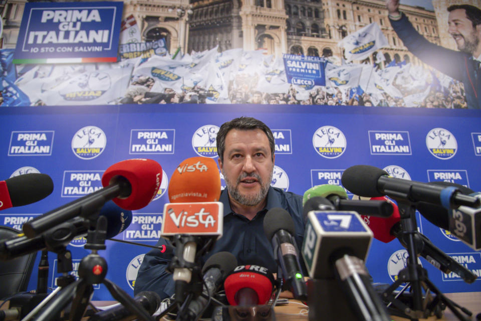 FILE _ League leader Matteo Salvini comments on early European election results at League headquarters in Milan, Italy, early Monday, June 10, 2024. Italian Premier Giorgia Meloni hosts this week’s summit of the Group of Seven industrialized nations as the most stable European Union leader. Meloni’s German and French counterparts were shaken by European Parliamentary elections that fortified Meloni’s far-right Brothers of Italy as the strongest in Italy, setting her up as a possible bridge maker, if not kingmaker, in Europe. (Claudio Furlan/LaPresse via AP, File