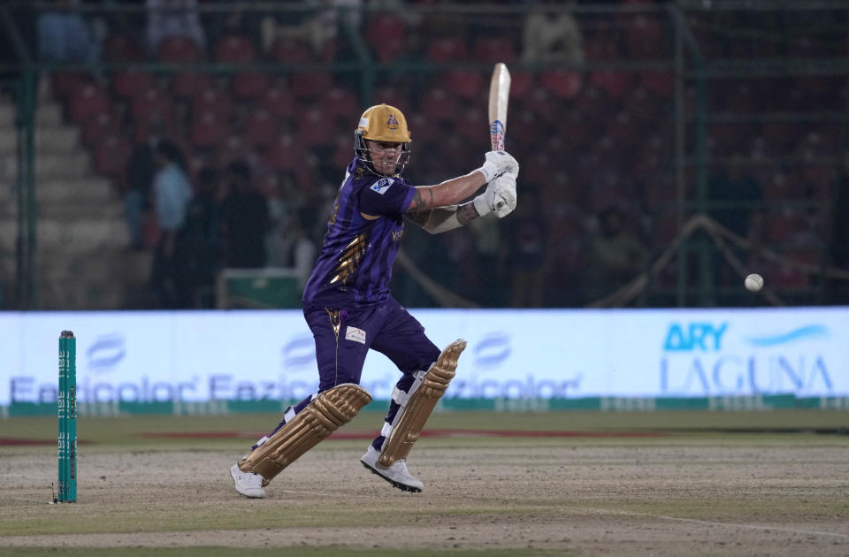 Quetta Gladiators' Jason Roy plays a shot during the Pakistan Super League T20 cricket match between Karachi Kings and Quetta Gladiators, in Karachi, Pakistan, Thursday, Feb. 29, 2024. (AP Photo/Fareed Khan)